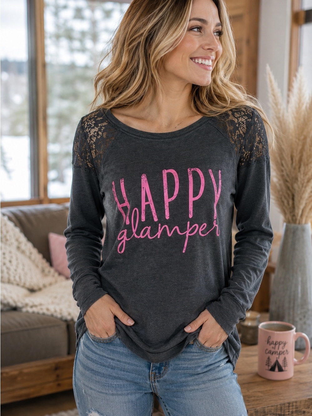 Arizona Sweatshirt Happy Glamper Camping Lace Shoulder Lightweight Womens Size M